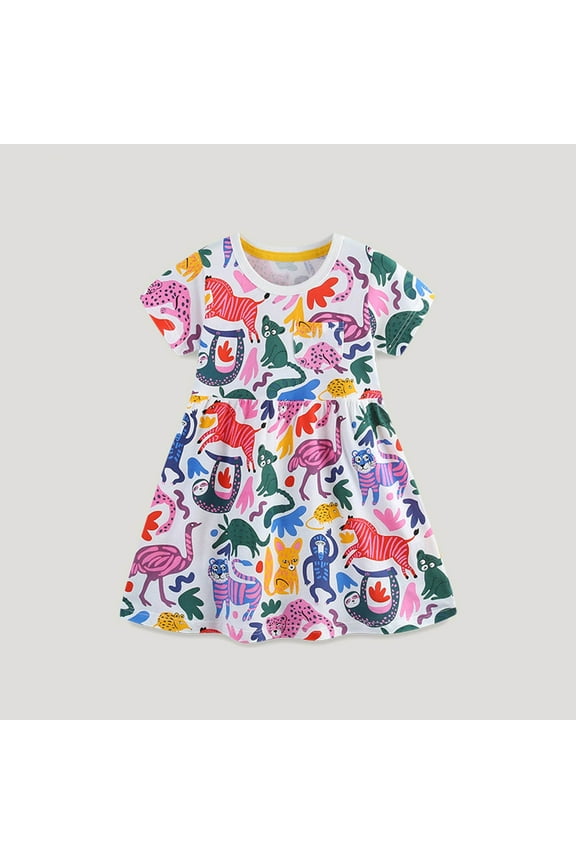 Toddler Girl Dress Short Sleeve Cotton Floral/Dots Print Casual Cute Summer Clothes for Girls 2-8 Years (4 Years, White)