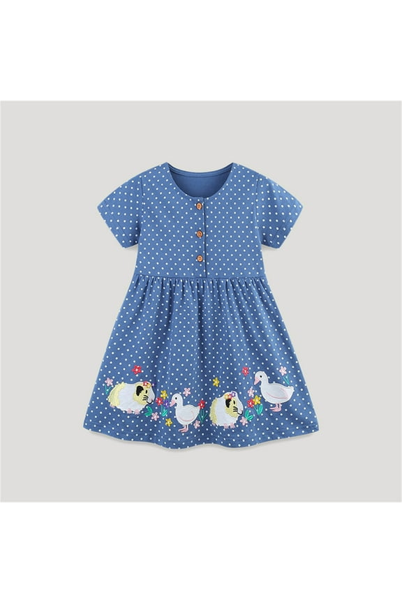 Toddler Girl Dress Short Sleeve Cotton Floral/Dots Print Casual Cute Summer Clothes for Girls 2-8 Years (6 Years, Blue)