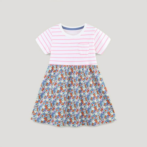 Toddler Girl Dress Short Sleeve Cotton Floral/Dots Print Casual Cute Summer Clothes for Girls 2-8 Years (6 Years, Pink 03)