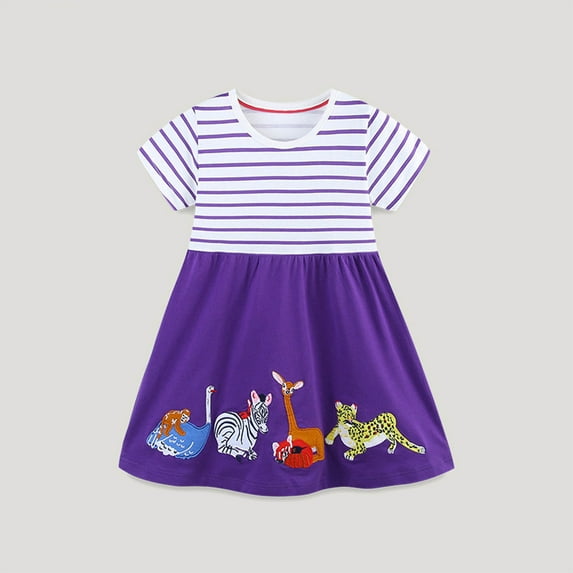 Toddler Girl Dress Short Sleeve Cotton Floral/Dots Print Casual Cute Summer Clothes for Girls 2-8 Years (7 Years, Purple)
