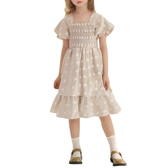 Toddler Girl Dress Short Sleeve Tiered Swing A-Line Summer Beige Dress Girls Toddler Birthday Dress Girls Fancy Dress
