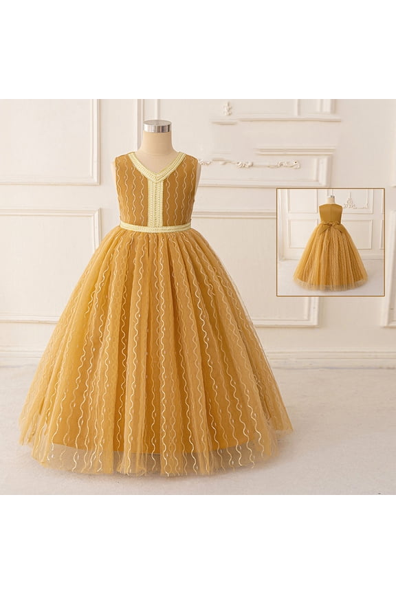 Toddler Girl Dress Size 8-9Y Youth Gold Thread Embroidery Sleeveless Performance Princess Dress Girl Dresses