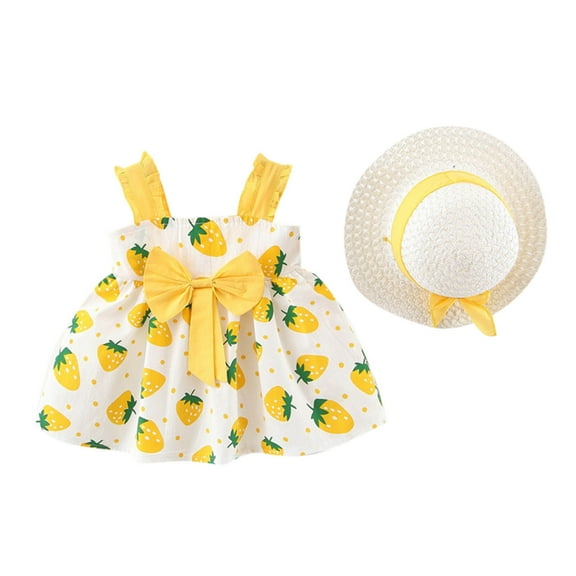 Toddler Girl Dress Sleeveless Bowknot Strawberry Print Hat Suspenders Princess Dress Hats Toddler Dresses Yellow 12-18Months