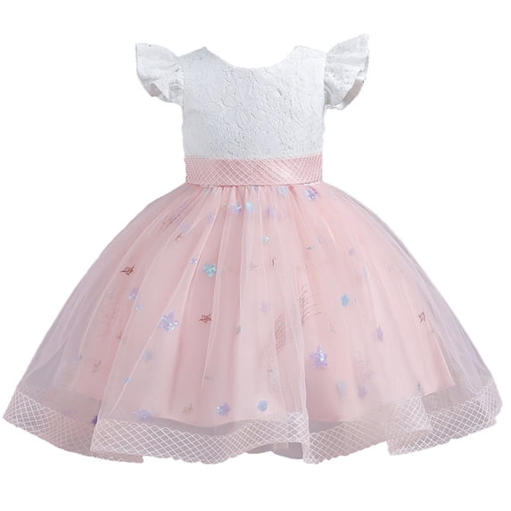 Toddler Girl Dress Spring Summer Print Ruffle Short Sleeve Princess Dress Ruffle Sleeveless Show Lace Tulle Party Dress Flower Girl Dress,Size 6 Years-7 Years