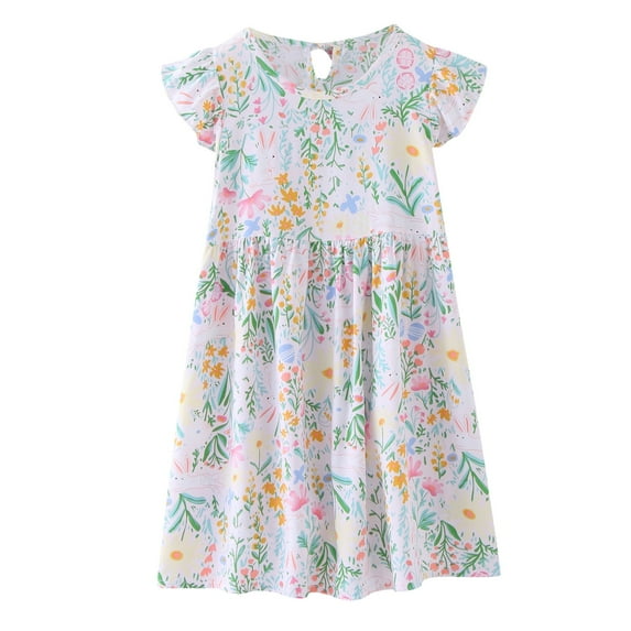 Toddler Girl Dress Summer Flying Sleeve Cartoon Flower Prints Princess Dress Cute Casual Dresses,Size 4 Years-5 Years