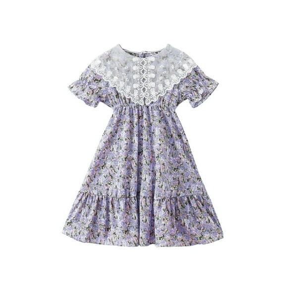 Toddler Girl Dress Summer New Puff Sleeve Lace Collar Floral Print School Home Party Dress Tennis Dress,Size 8 Years-10 Years