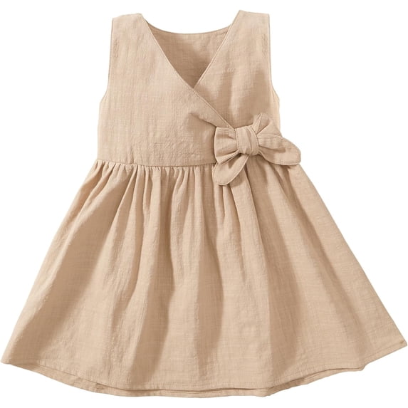 Toddler Girl Dress Summer Sleeveless Linen Cotton Dress Bow Kids Casual Dresses Clothes