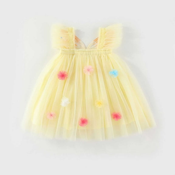 Toddler Girl Dress Summer Toddler Baby Girls Flutter Sleeve Mesh Dress Holiday Dance Party Princess Dresses Toddler Dress Yellow 18 Months-24 Months