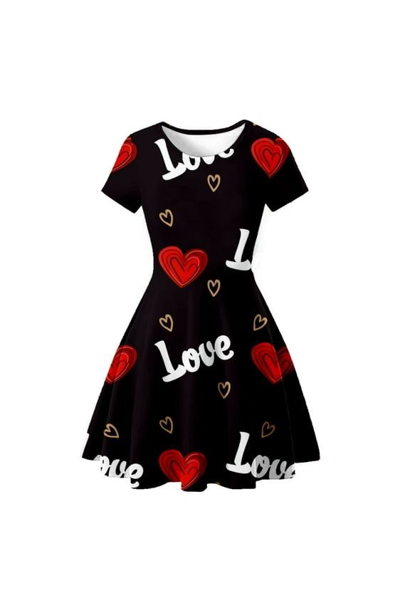 Toddler Girl Dress Valentine's Day Letter Print Short Sleeve Round Neck Princess Dress for Kids Black 2 Years-3 Years