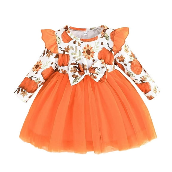 Toddler Girl Dress for Halloween Festive Tutu Outfit Ruffle Long Sleeve Mesh Tulle Dress Pumpkin Print Baby Dress (18 Months, Yellow 01)