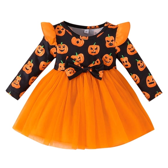 Toddler Girl Dress for Halloween Festive Tutu Outfit Ruffle Long Sleeve Mesh Tulle Dress Pumpkin Print Baby Dress (9 Months, Yellow)