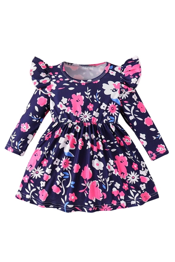 Toddler Girl Dresses 2024 Fashion New Floral Printed Flying Sleeve Round Neck Party Dress 3Months-3Years Dress for Girl Kids