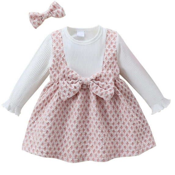 Toddler Girl Dresses 4T Long Sleeve Ruffle Layered Cute Bow Princess Dress with Headband Birthday Party Dresses Pink,9-12M