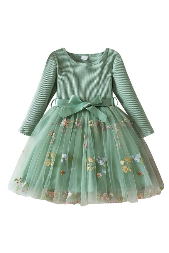 Toddler Girl Dresses 5T Long Sleeve Bowknot Embroidered Flowers Prints Birthday Dress with Tutu Skirt,3-4 Years