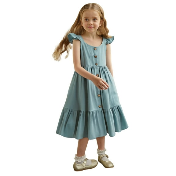 Toddler Girl Dresses Casual Button Down Ruffled Dress Blue Dress for Girls Fancy Dress Baby Girl Outfit 4-5 Years