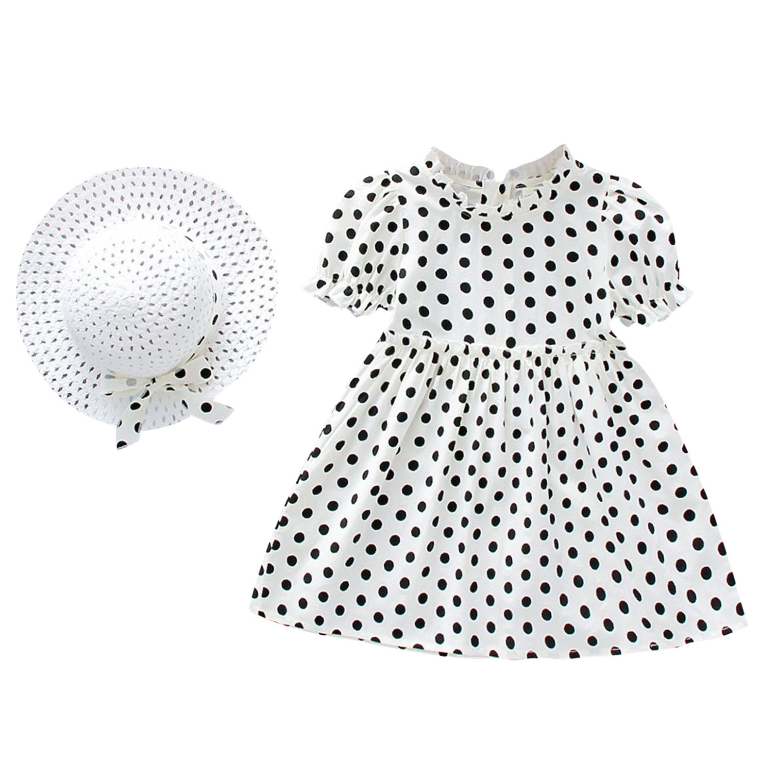 Toddler Girl Dresses Dot Summer Princess Ruffles Sleeve Casual Short Polka with Hat Toddler Girl