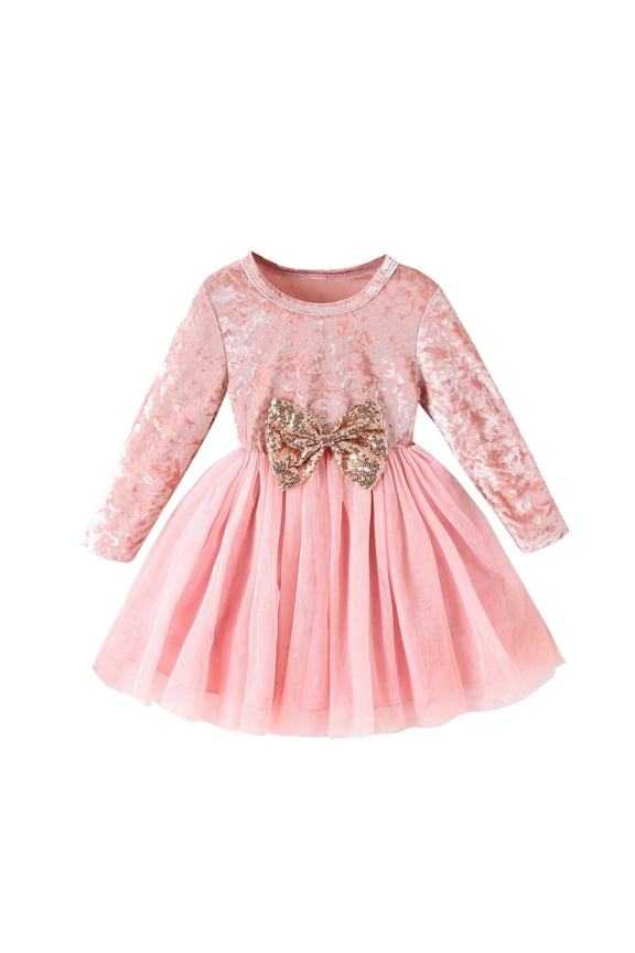 Toddler Girl Dresses Kids Children's Long Sleeve Bowknot Patchwork Mesh Princess Clothes Party Dress for Girl Size 3-4T