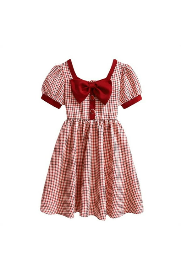 Toddler Girl Dresses Kids French Square Neck Large Bow Plaid Pattern Short Sleeve Flower Girl Dress