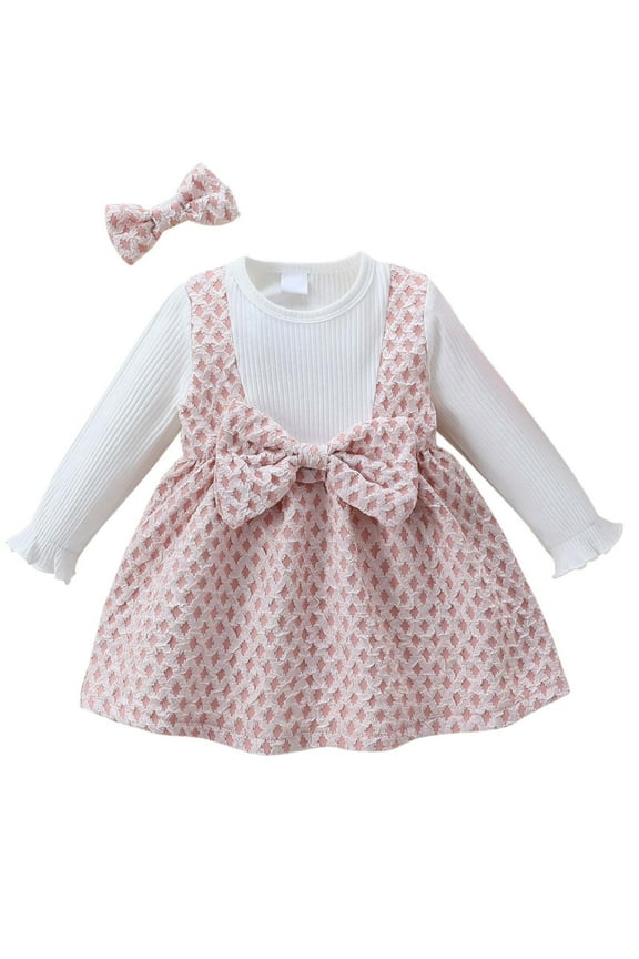 Toddler Girl Dresses Long Sleeve Ruffle Layered Cute Bow Princess Dress with Headband Birthday Party Dresses Pink,2-3Y