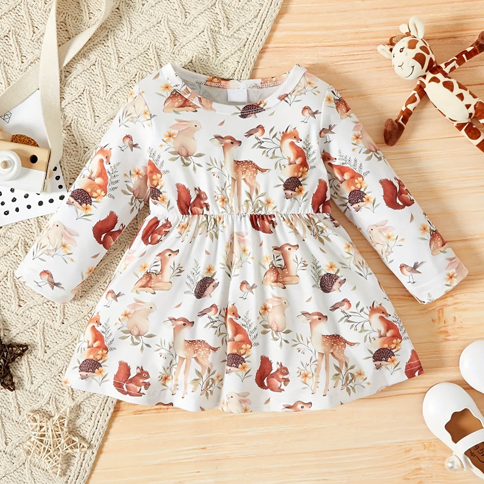 Autumn Arrival Baby Kids Girls Cartoon Pattern Long Sleeves Crew Neck Dress