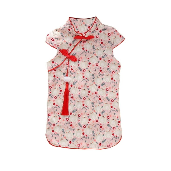 Toddler Girl Dresses Short Sleeve Floral Baby Princess Dresses Rabbit Cheongsam Printed Skirt Clothes for Girls Size 2-3T