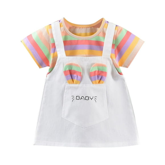 Toddler Girl Dresses Summer Rainbow Striped Short Sleeve Round Neck Cartoon Clothes