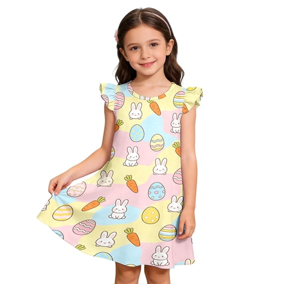 Toddler Girl Easter Dress Bunny Egg Print Party Dress with Flutter Sleeves Cute Holiday Outfit for Little Kid Multicolour 5 Years-6 Years