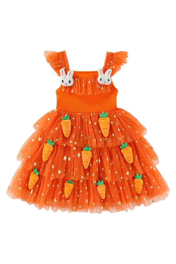Toddler Girl Easter Dress Flutter Sleeve Carrot Bunny Decor Tulle Tutu Princess Dress Birthday Party Wedding Pageant
