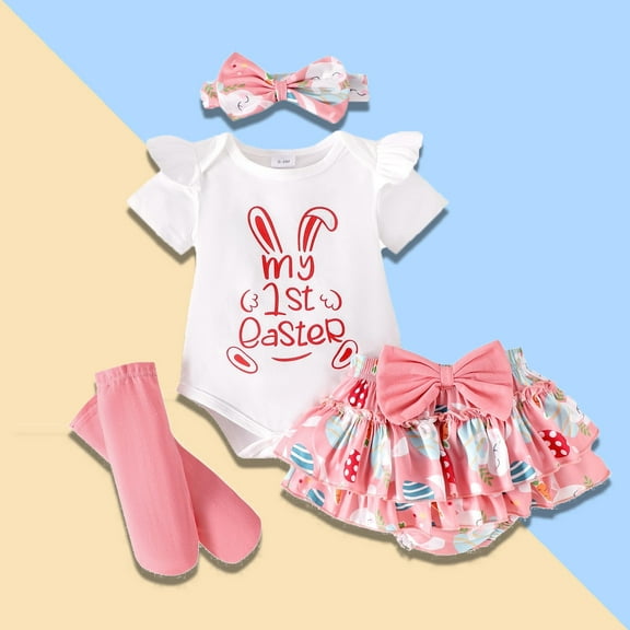 Toddler Girl Easter Outfit Bunny Printed Summer Short Sleeve Romper Bodysuit Floral Suspender Skirt Clothes Easter 0-3 Months