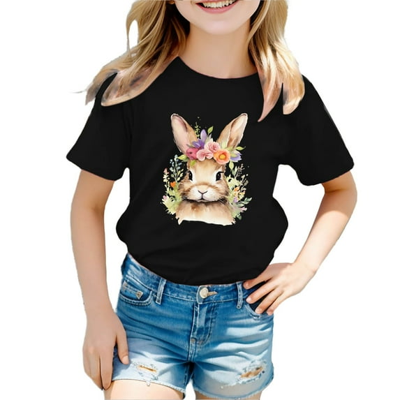 Toddler Girl Easter Shirt Watercolor Floral Rabbit Graphic Tee Short Sleeve Crew Neck Soft Cotton Top for Kids 12M-9Y Black, 4-5 Years