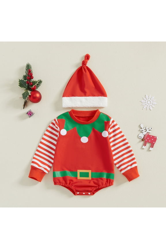 Elf Outfit Baby Boy Long Sleeve Elf Bodysuit Hat Set Party Dress Baby Boy Christmas Clothes 0-3 Months