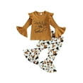 thumbnail image 1 of Toddler Girl Fall Clothes Letter Print Long Sleeve Crewneck Ribbed Tops Flare Pants Set 2Pcs Outfit, 1 of 7