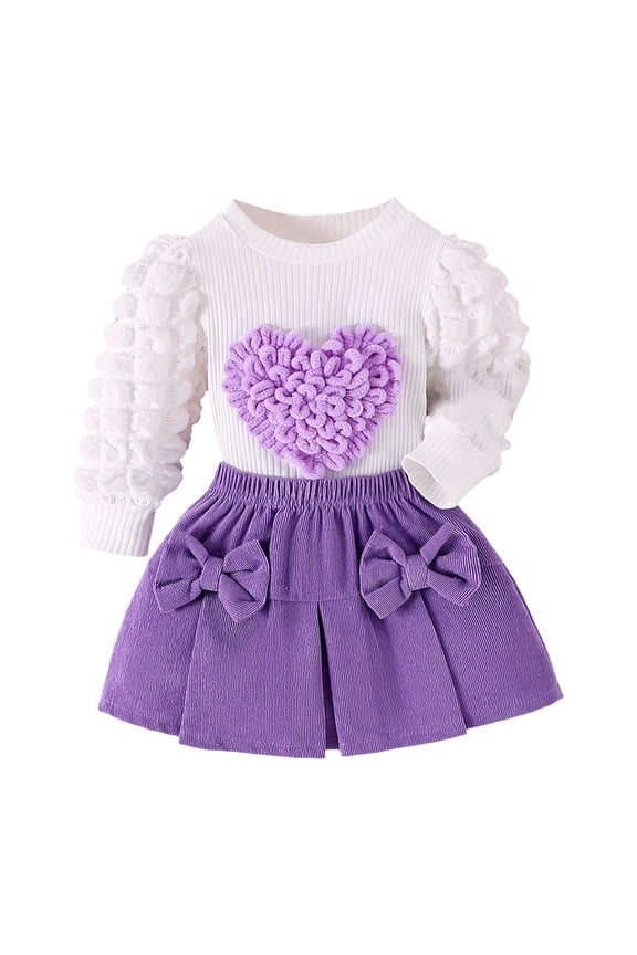 Toddler Baby Girls Outfits Valentines Day Long Sleeve Heart Embroidery Blouse Bowknot Skirt 2 PC Spring Fall Set 9-12 Months