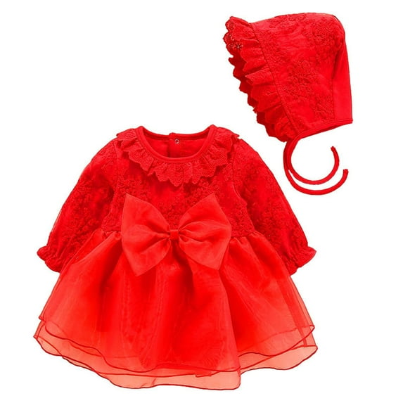 Toddler Girl Fall Dresses Solid Long Sleeve with Hat Baby Romper Princess Dress Birthday Dress with Tutu Skirt Red,3-6 Months