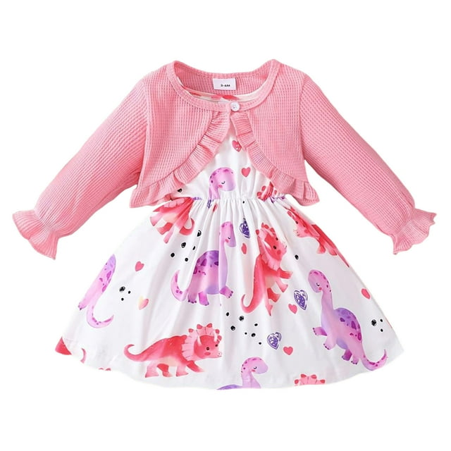 Toddler Girl Fall Outfits Cardigan And Dress Dinosaur Floral Print Sleeveless Tank Dress Long Sleeve 2Pcs Outfits Toddler Boy Fall Outfits Pink 18 Months-24 Months