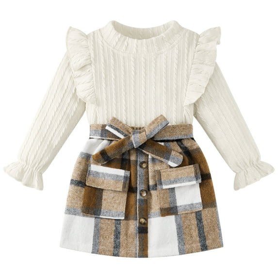 Toddler Girl Fall Winter Clothes Solid Long Sleeve Ribbed T-Shirt Knit Tops Plaid Button Mini Skirts Set Outfits 2-7T