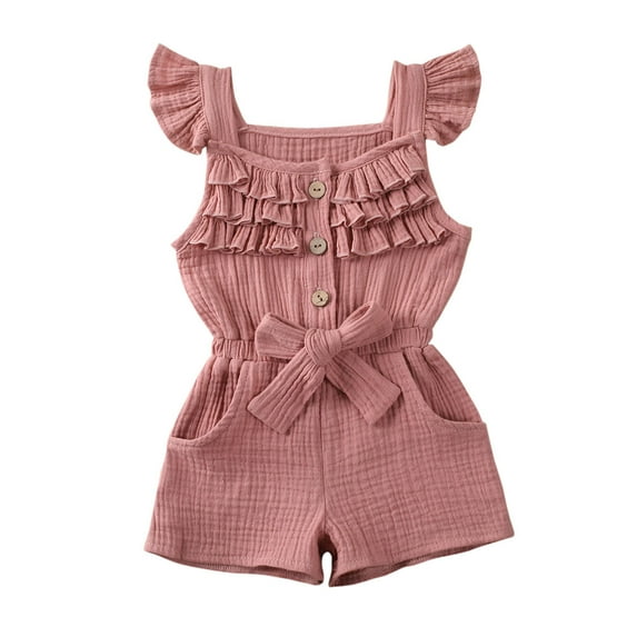 Toddler Girl Fashion Solid Color Flying Sleeve Jumpsuit Elastic Waist Romper 6M-5Y