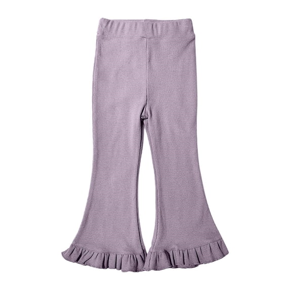Toddler Girl Flare Leggings Pants Cute Sweet Ruffle Ribbed Baby Bell Bottoms Pant Slub Cotton Solid Elastic Waist Trousers Purple 7-8years