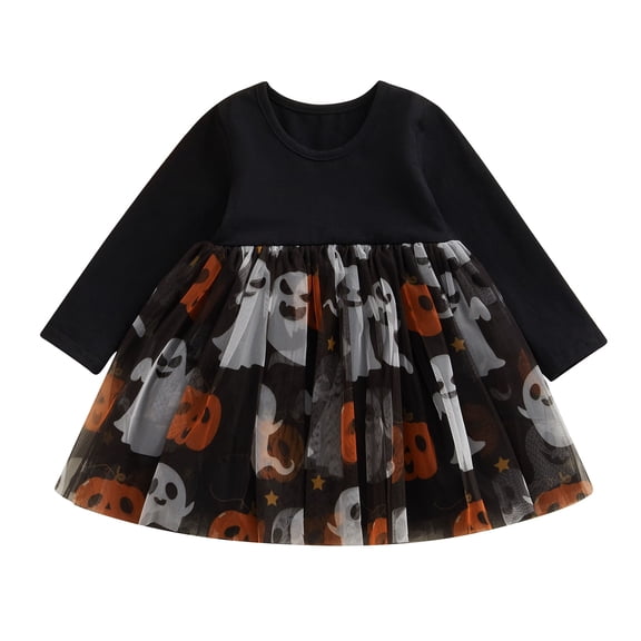 Toddler Girl Halloween Costume 9M 12M 18M 24M 3Y 4Y  Pumpkin/Ghost Print Long Sleeve Round Neck Tulle Patchwork A-Line Dress