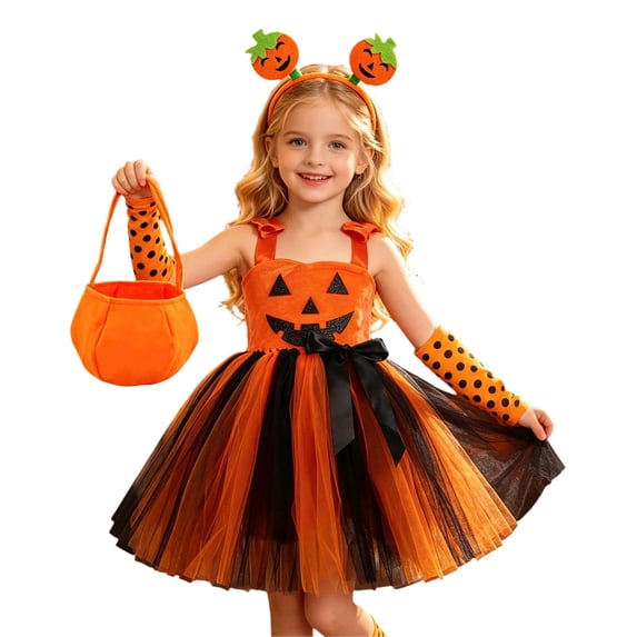 Toddler Girl Halloween Dress, Girls Halloween Tutu Dress Carnival Party Pumpkin Hat Toddler Kids Fancy Outfit with Matching Accessories for School Beach Outdoor, Halloween Gifts