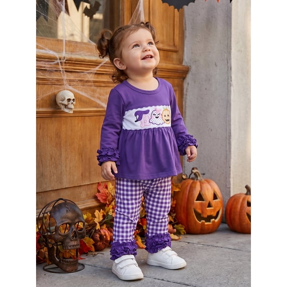 Toddler Girl Halloween Outfit Ghost Pumpkin Embroidery Long Sleeve Crew Neck Tops and Ruffle Plaid Pants 2-Piece Set