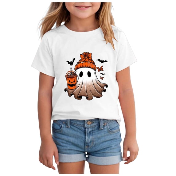 Toddler Girl Halloween Outfit Halloween T-Shirts for Toddler Girls Short Sleeve Crew Neck Printing Tees Tops Size 5-6 Years,White