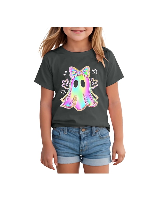 Toddler Girl Halloween T-Shirt Shirt Kid Raccoon Ghost Tee Funny Toddler Graphic Tee, Short Sleeve, Cute Halloween Outfit Clothes Size 12-18 Months,Grey
