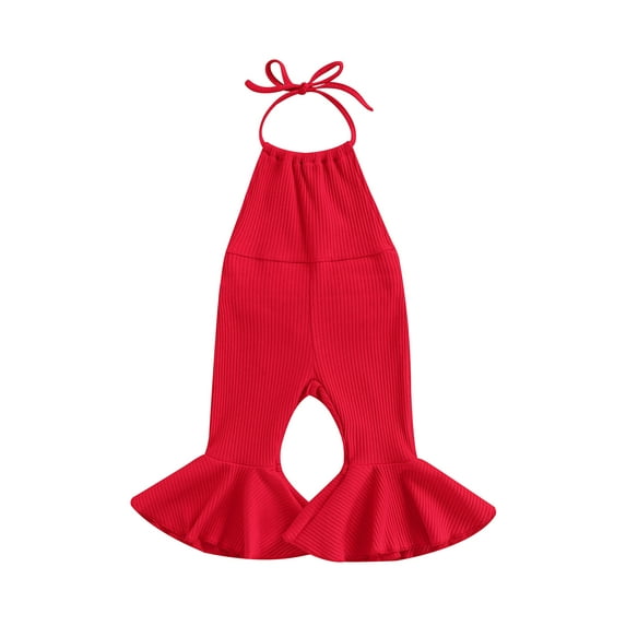 Toddler Girl Halter Sleeveless Romper Solid Color Ribbed Bell Bottom Jumpsuit