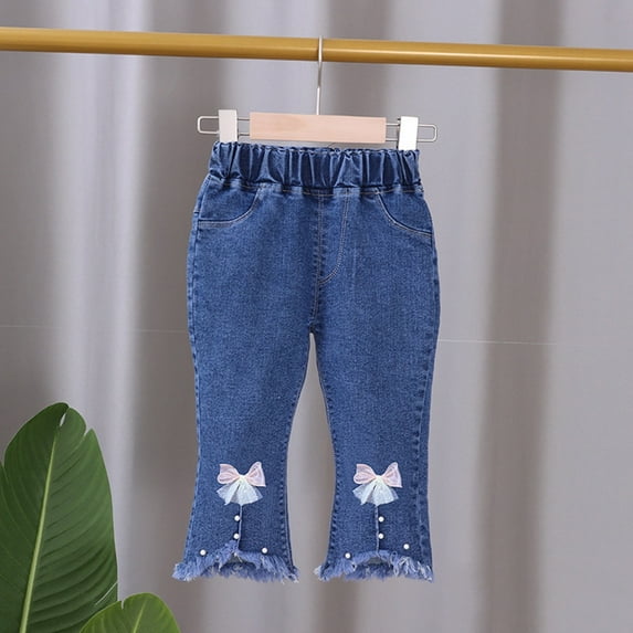 Toddler Girl Jeans Flared Leggings for Girls Embroidered High Waist Wide Leg Jeans with Pockets for Teens 18-24 Months