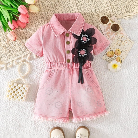 Toddler Girl Jumpsuit Shorts Little Girls Summer Elastic Waisted Overalls Jean Romper One Piece Outfits 6-9M