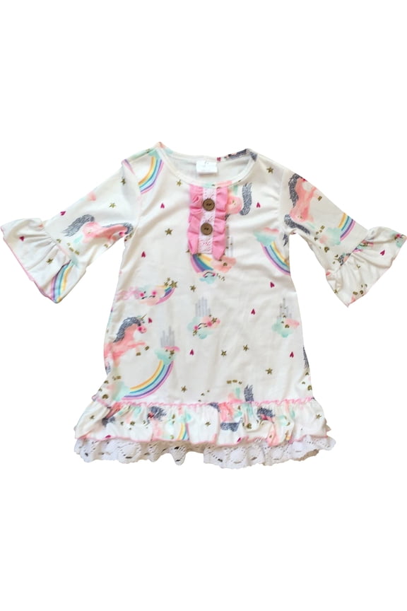 Toddler Girl Kids Ruffle Sleeve Unicorn Rainbow Flower Girl Dress Off White 2T XS 201297 BNY Corner