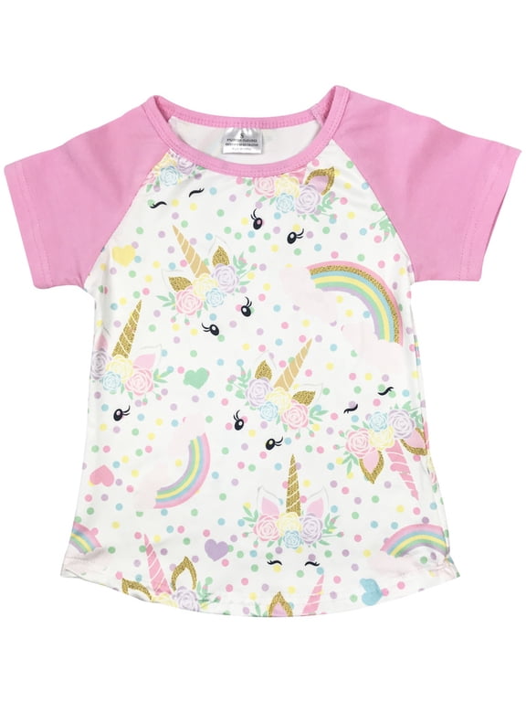 Toddler Girl Kids Short Sleeve Unicorn Rainbow Polka Dot Tee T-Shirt Top Pink 2T XS 201345 BNY Corner
