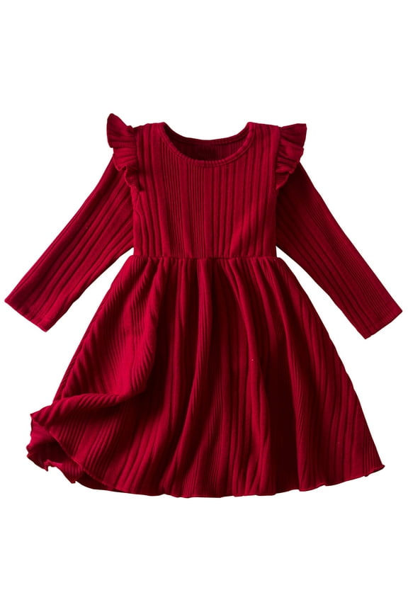 Toddler Girl Knit Dress Long Sleeve Flutter Swing Fall Casual Sweater Dresses Cotton Little Girls Outfits Red 4 Years