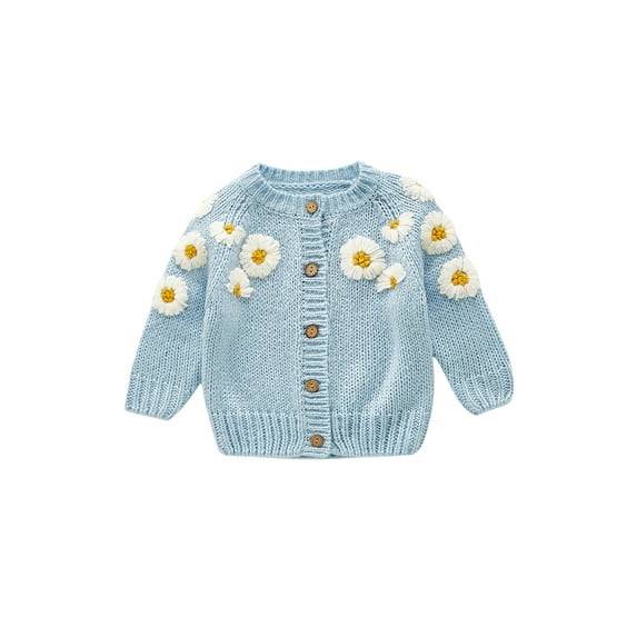 Toddler Girl Knitted Cardigan Daisy Embroidery Round Collar Long Sleeve Single-breasted Outwear Casual Tops
